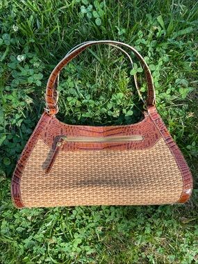 Brahmin Tan Woven Straw Shoulder Bag with Brown Croc Trim